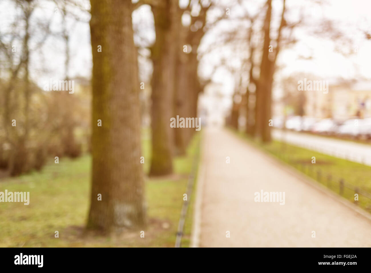 blurred background of small town in spring Stock Photo