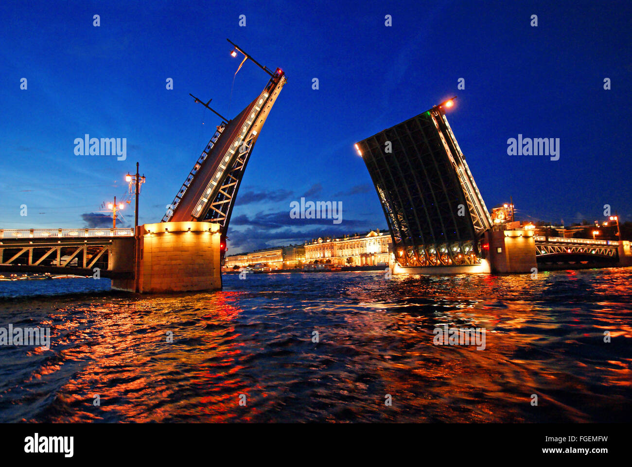 Night view of the lifted Palace bridge in SaintPetersburg from