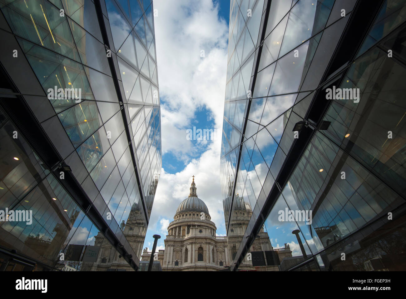 St Paul's Cathedral reflected in windows of the One New Change Development, London England UK Stock Photo