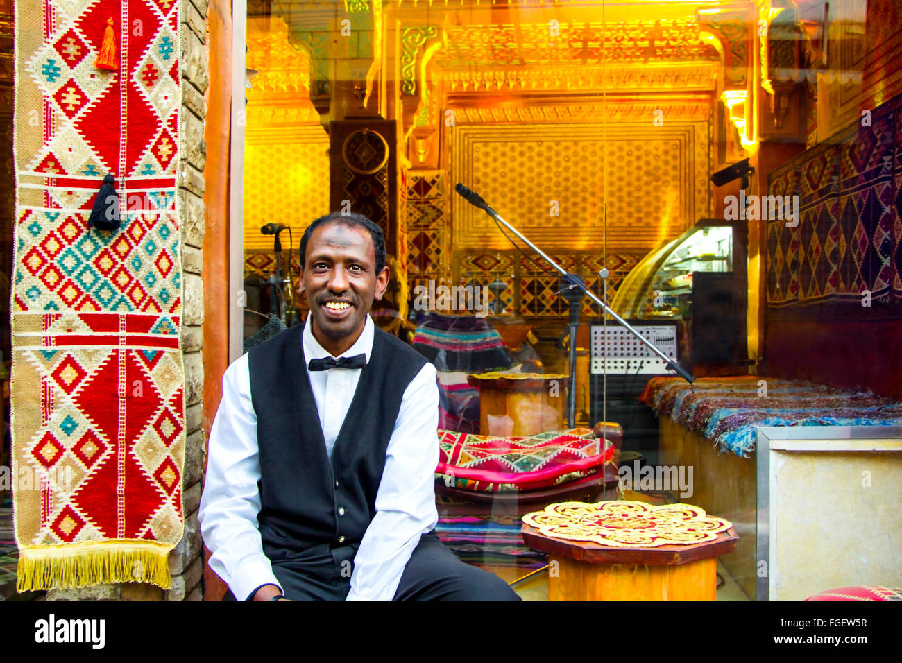 Smiling African waiter in Cairo, Egypt Stock Photo