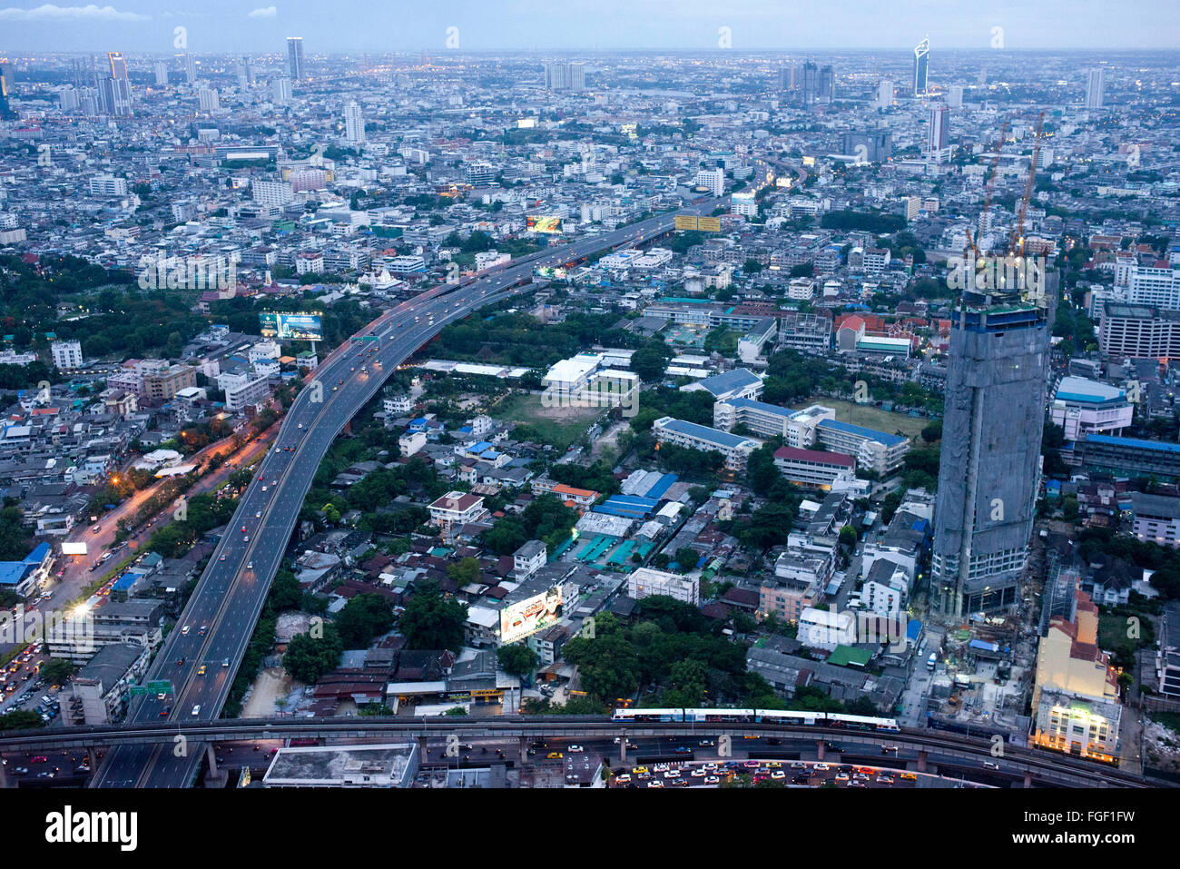 Panoramic views and landcape of Bangkok from Sirocco rooftop. Thailand. Asia, Bangkok, capital, Centara Grand, Chao Praya River, Stock Photo