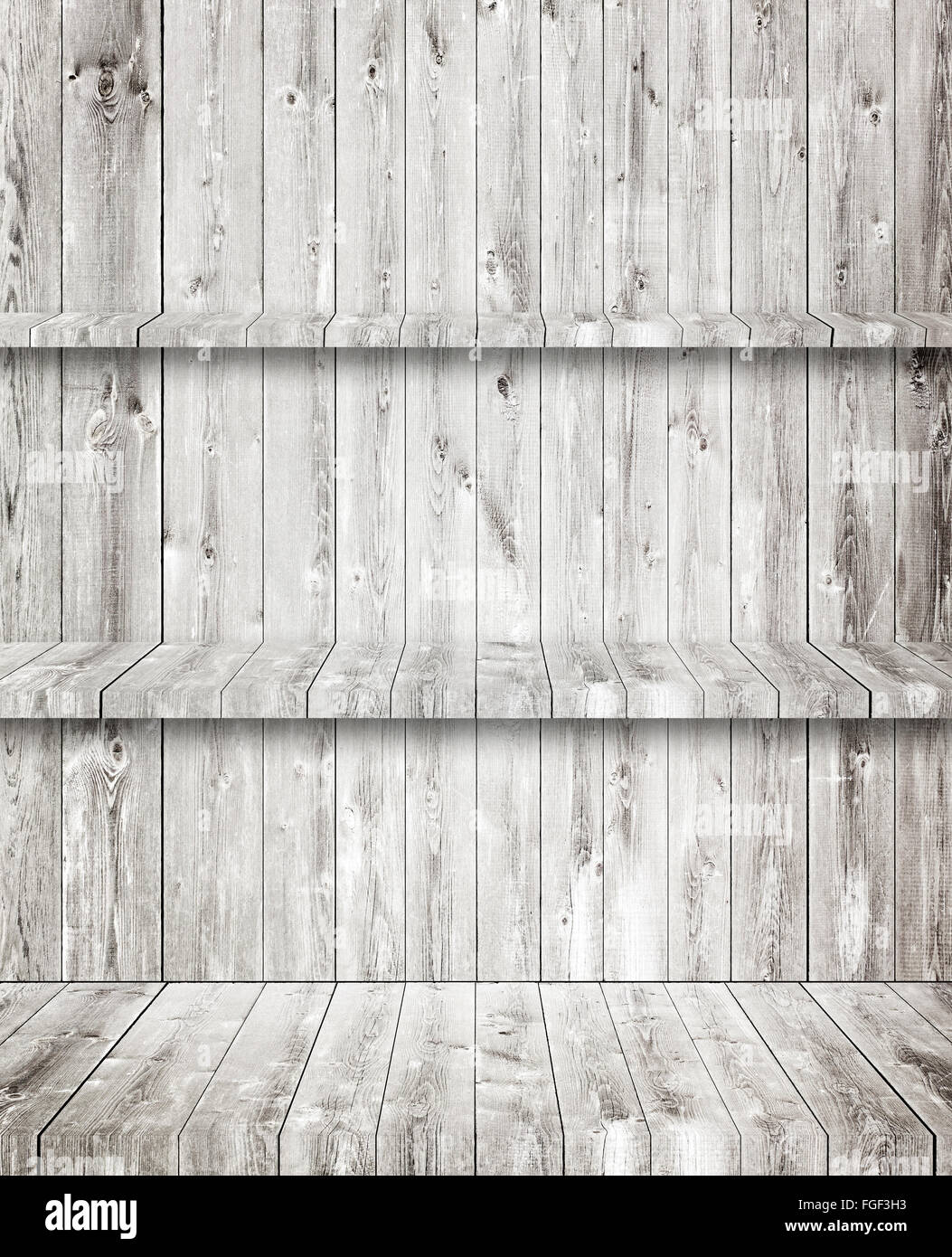 Gray wooden room, floor, wall and shelves Stock Photo Alamy