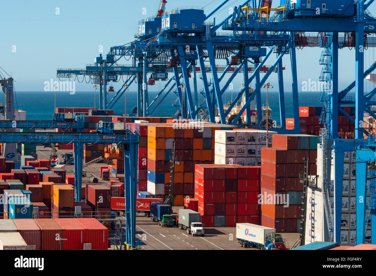 Shipping containers in the historic port of Valparaiso in Chile Stock