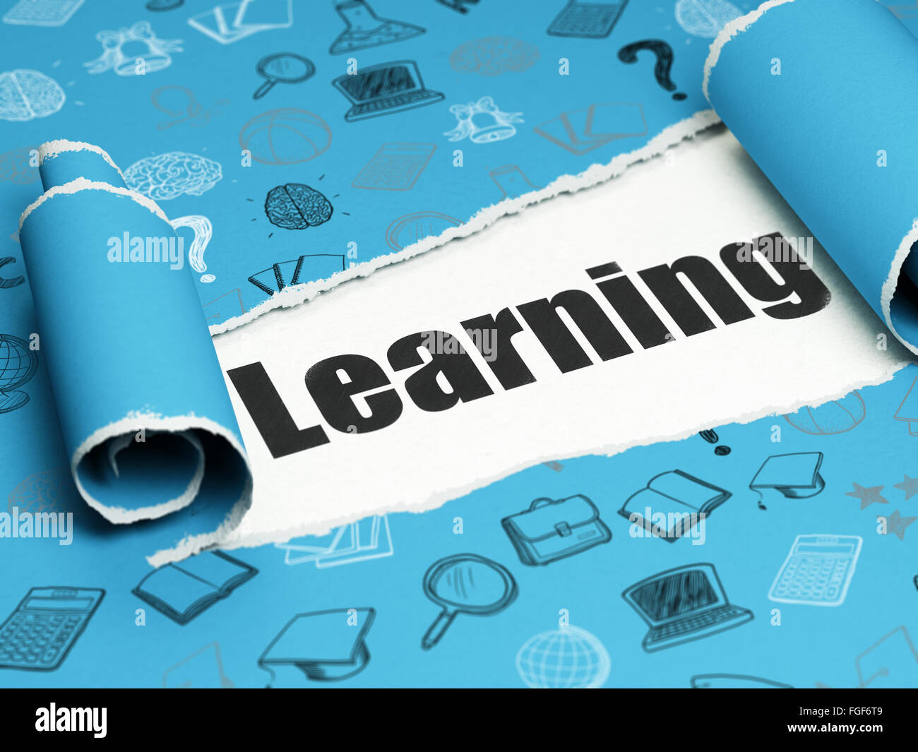 Education concept: black text Learning under the piece of torn paper ...