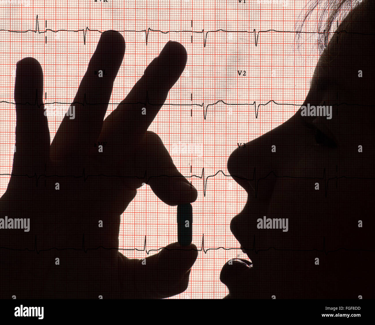 computer generated woman head putting pill in mouth EKG background drugs Stock Photo