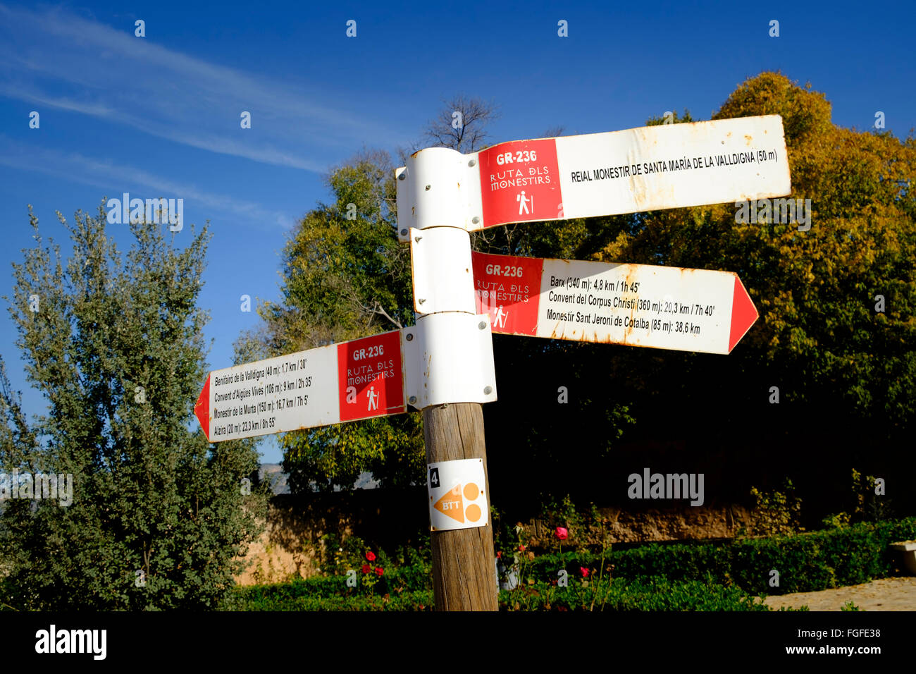 Signpost of the 'Ruta dls Monestirs' in the Valldigna Vally at Simat Spain Stock Photo