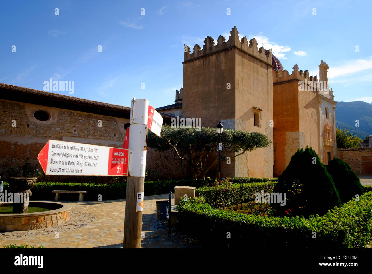 Signpost of the 'Ruta dls Monestirs'  outside the monestry at Simat Spain Stock Photo