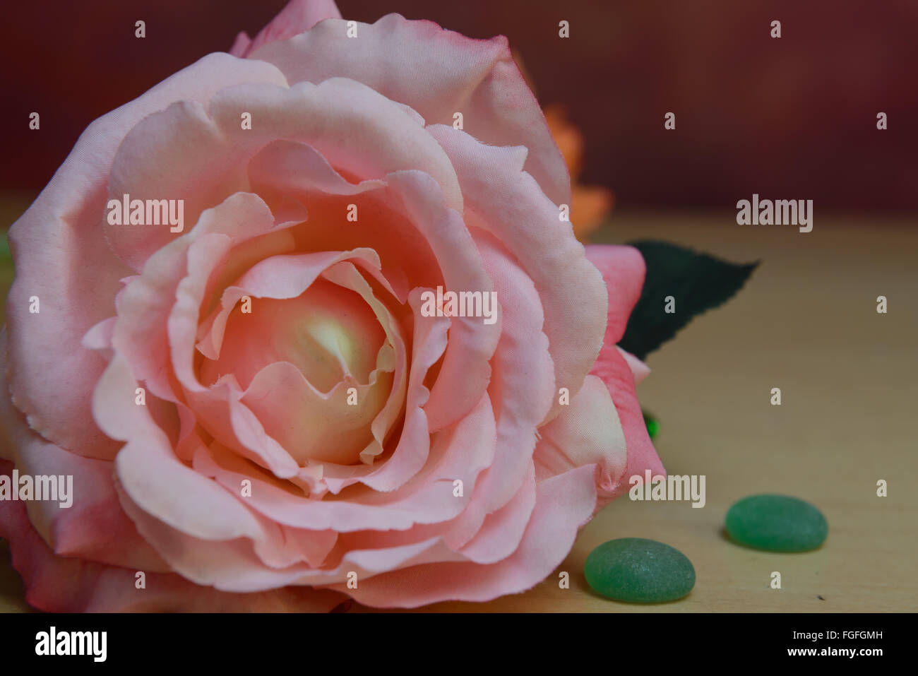 close up of artificial pink rose on beige wood Stock Photo