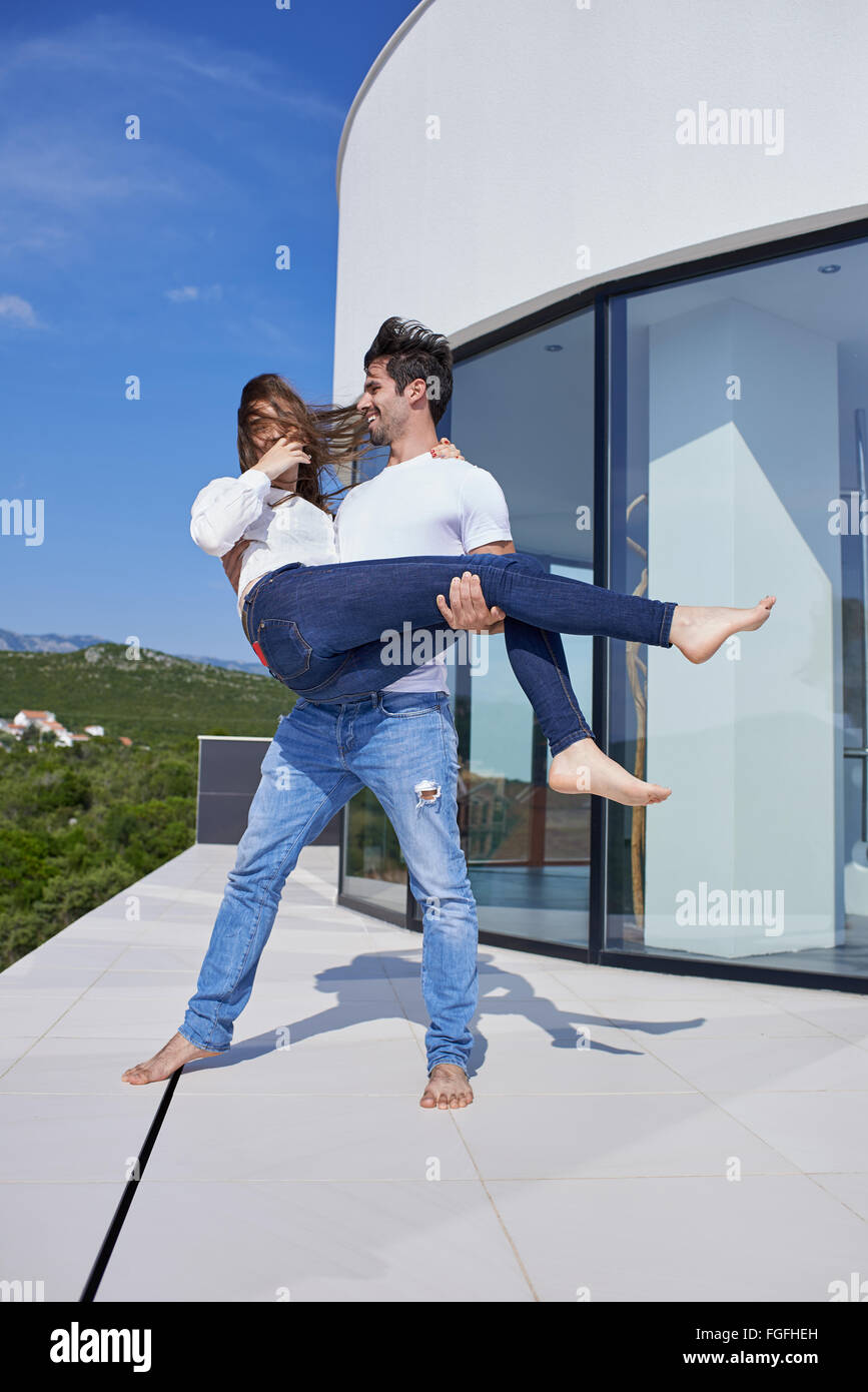happy young romantic couple have fun arelax  relax at home Stock Photo