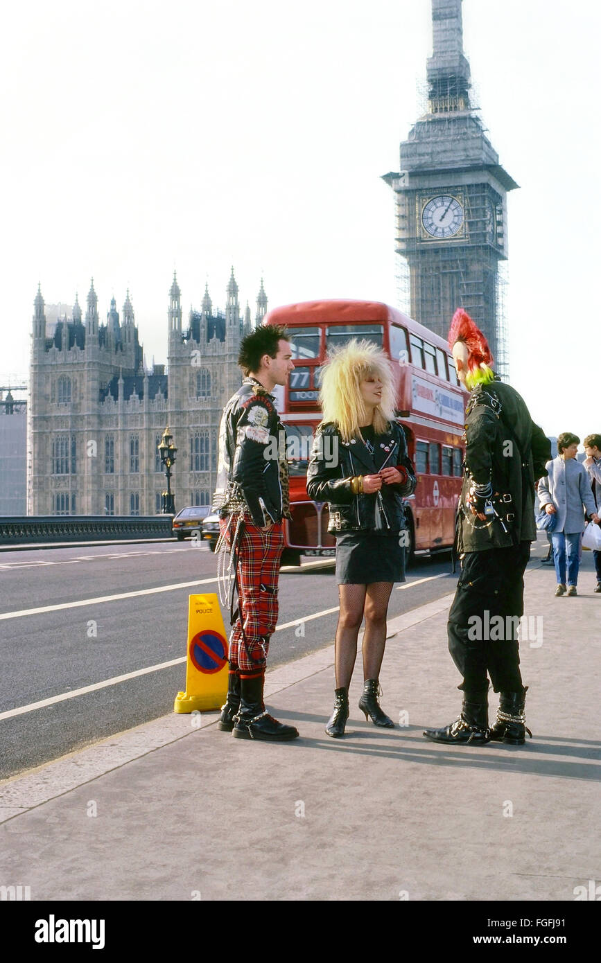 Punks standing on Westminster bridge. London. UK. Circa 1980's