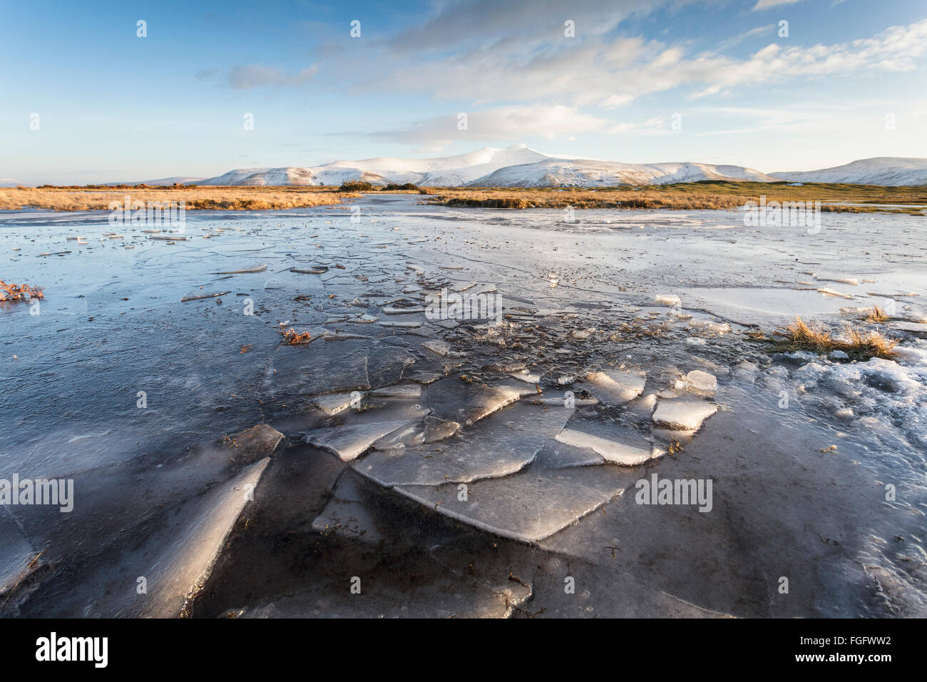 A frozen pond on Mynydd Illtud Common Brecon Beacons National Park in Winter. Stock Photo