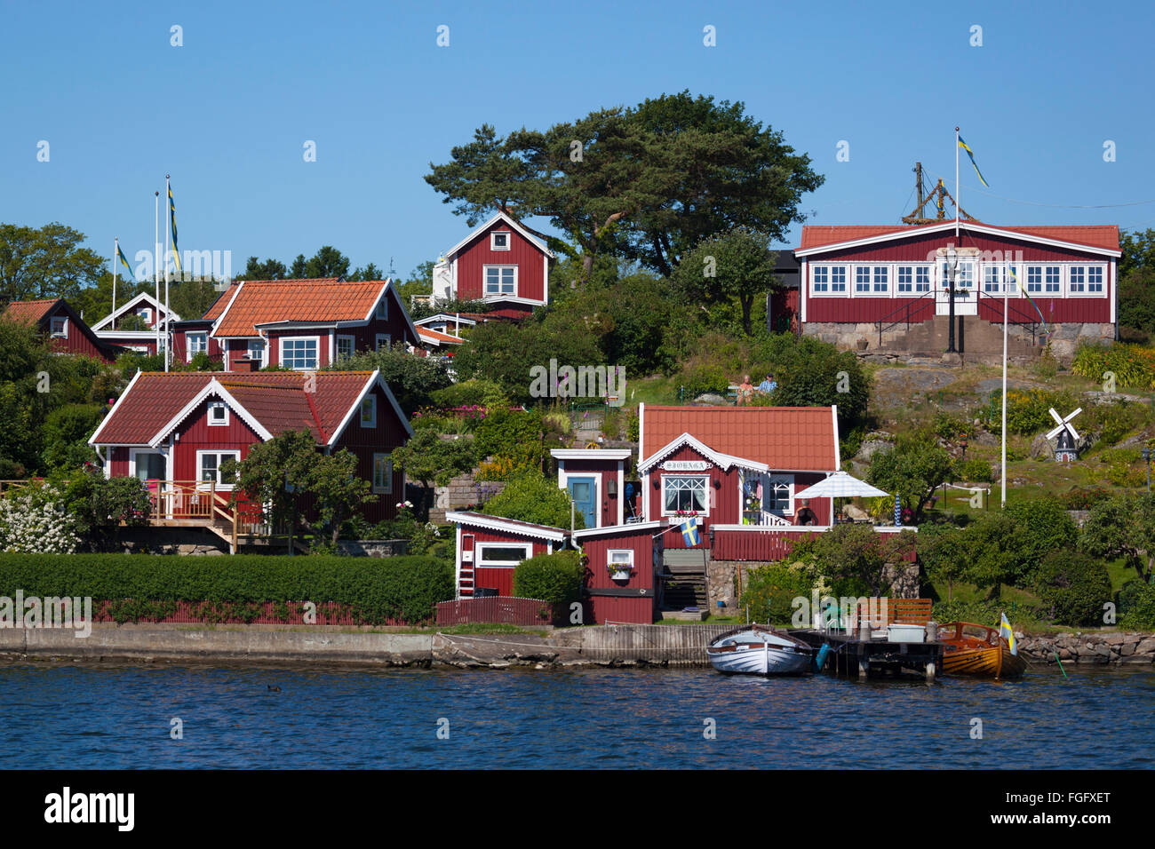 Red summer houses of Brandaholm, Dragso Island, Karlskrona, Blekinge, South Sweden, Sweden, Scandinavia, Europe Stock Photo