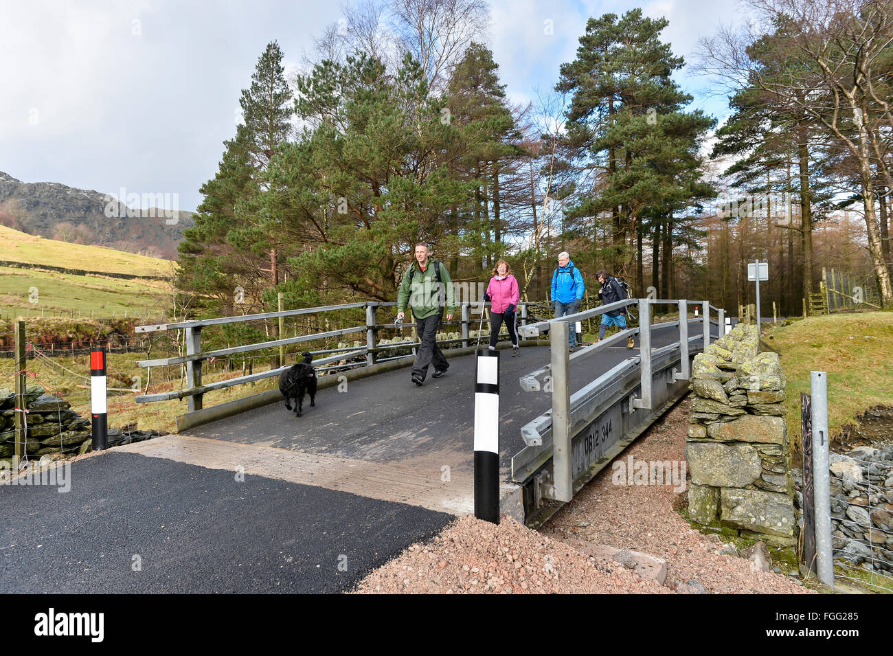 Temporary bridging spanning two becks at Dunmail Riase, Thirlmere in the Lake District, Cumbria. Road built after A591 damaged Stock Photo