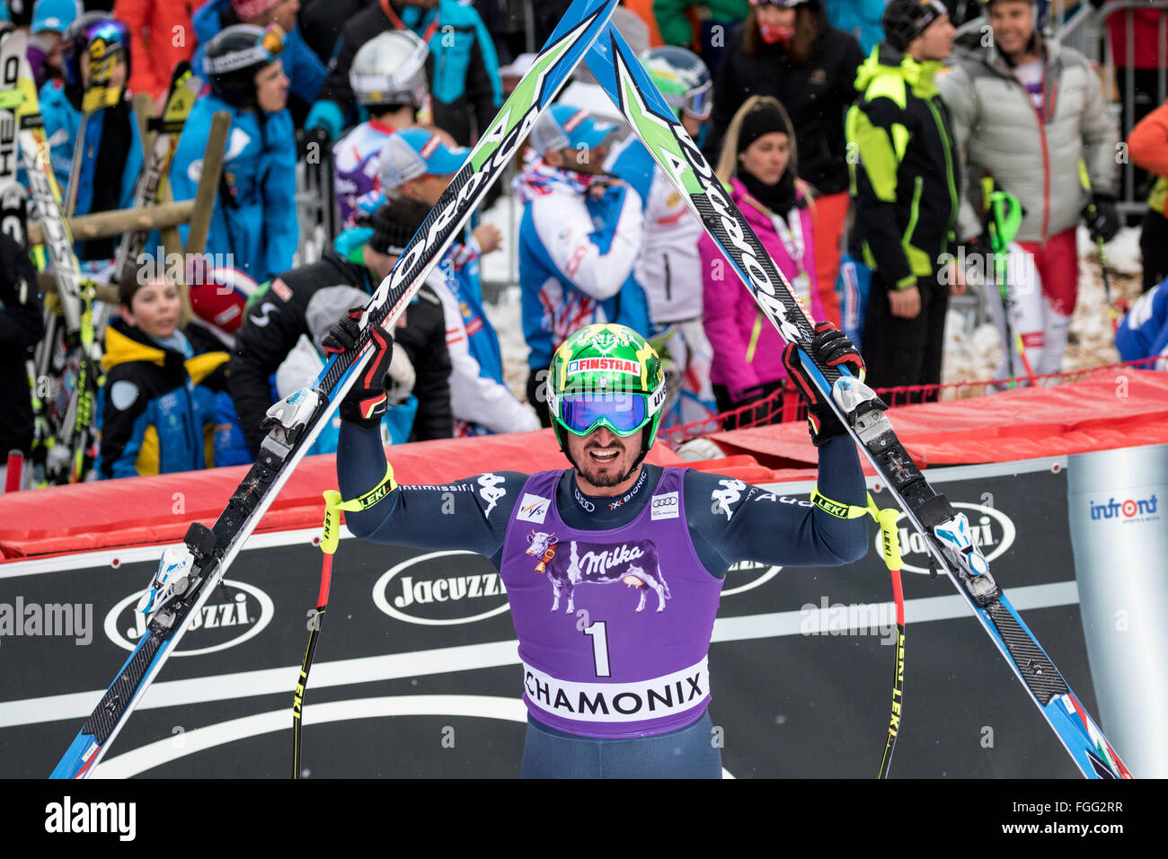 Chamonix, France. 19th February, 2016. Dominik PARIS (ITA) arrives at the finish of the Downhill part of the race to take 2nd place in the Men's Alpine Combined in Chamonix. The Men's Alpine Combined event (downhill and slalom) ended with the downhill section of the race last due to weather conditions (heavy snow) earlier in Chamonix. The race began at 15.15h on a shortened course after a further hour of delay. The podium was - 1- PINTURAULT Alexis (FRA) 2:13.29 2- PARIS Dominik (ITA) 2:13.56 3-MERMILLOD BLONDIN Thomas (FRA) 2:13. Credit:  Genyphyr Novak/Alamy Live News Stock Photo
