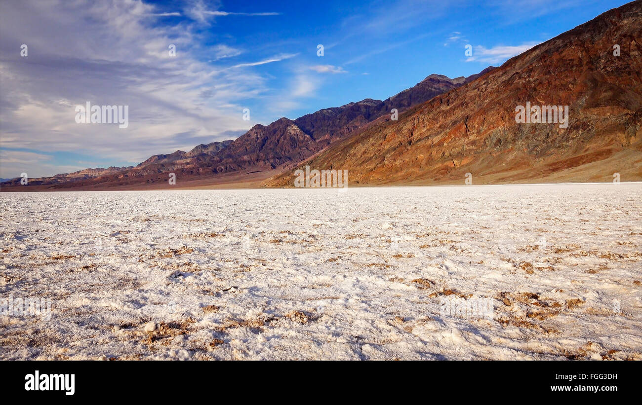 The salt flats in Badwater Basin in Death Valley National Park. Badwater Basin in the lowest point in North America at 282 feet Stock Photo