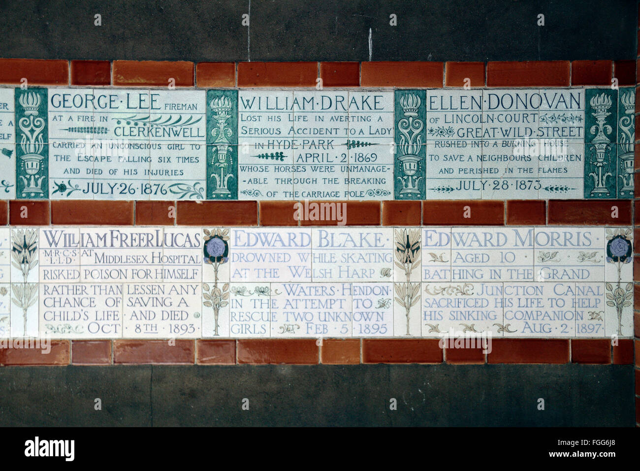 Selection of plaques on the Memorial to Heroic Self Sacrifice, Postman's Park, City of London, UK. Stock Photo