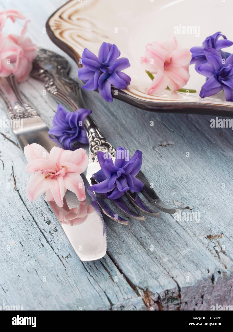 utensils with floral decoration Stock Photo Alamy