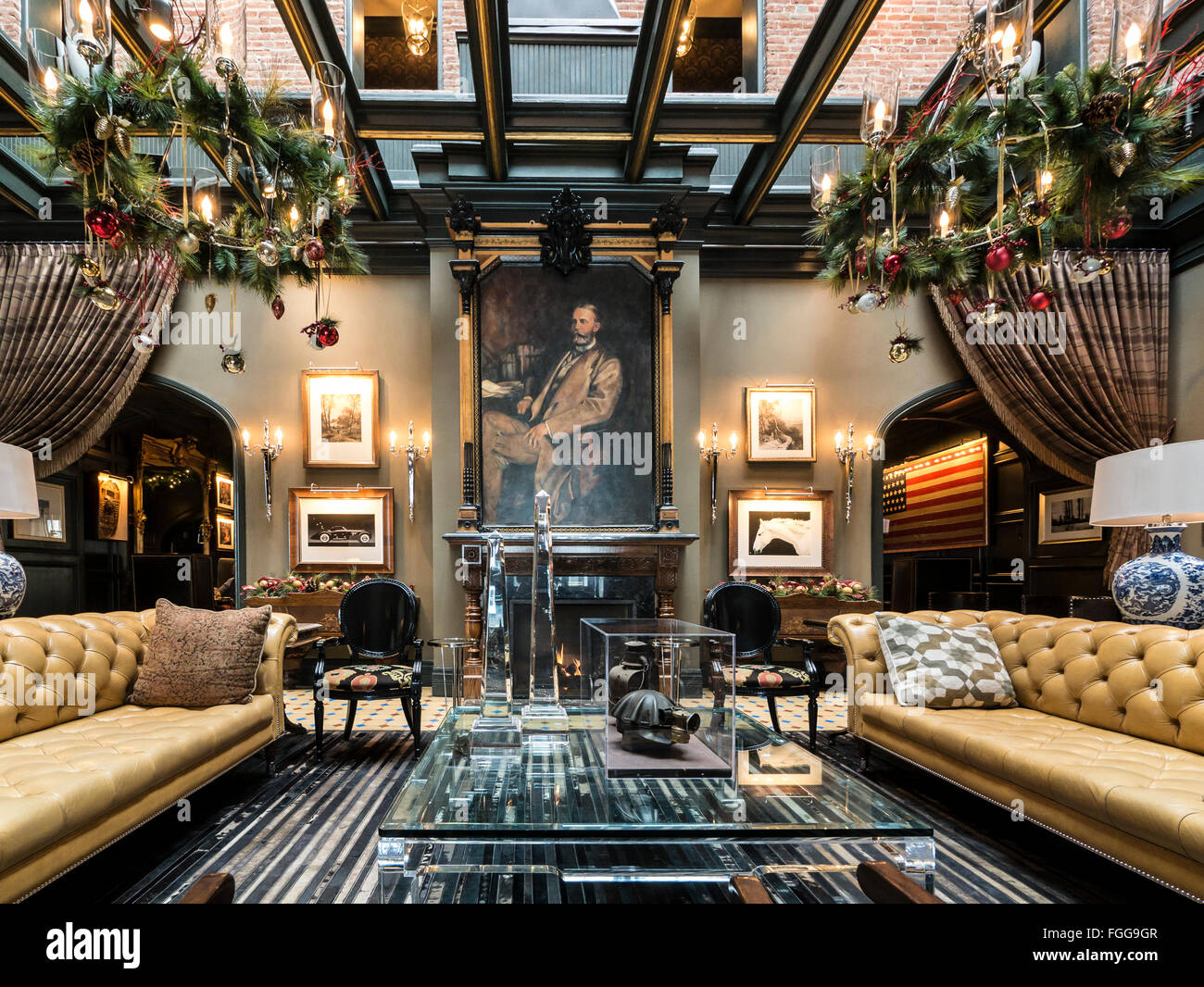 Lobby with Christmas decorations, Hotel Jerome, Aspen, Colorado. Stock Photo