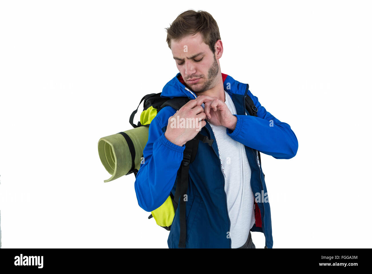 Backpacker adjusting his backpack Stock Photo Alamy