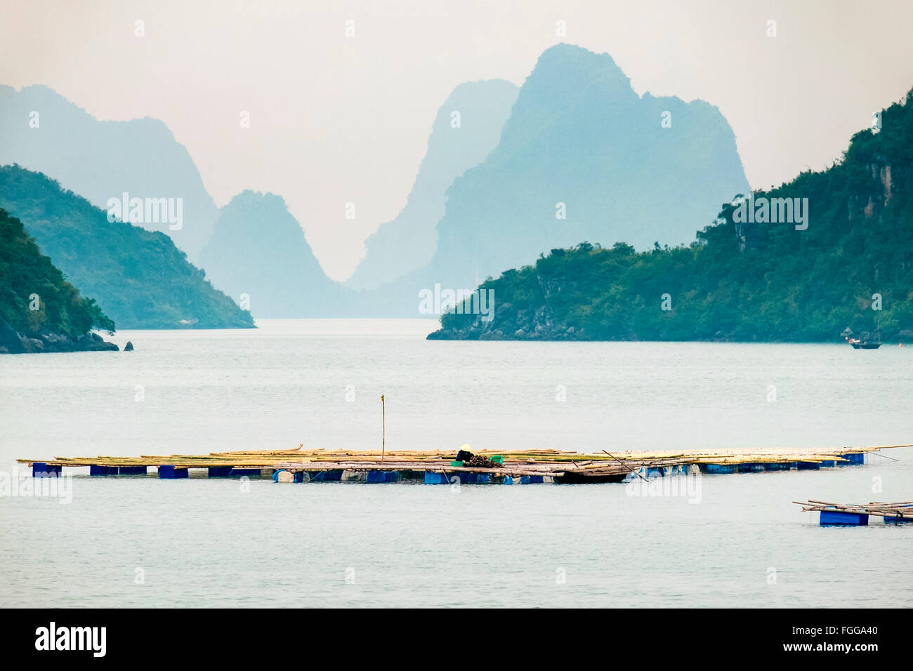 Floating fish farm in Ha Long Bay, Vietnam Stock Photo