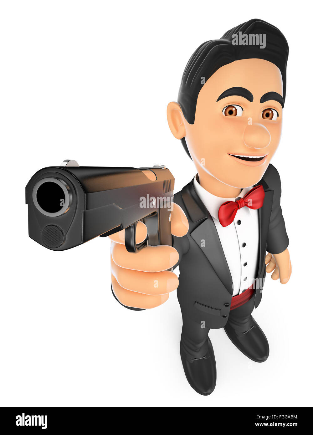 3d bow tie people. 3D Secret agent aiming with a gun. Isolated white background. Stock Photo