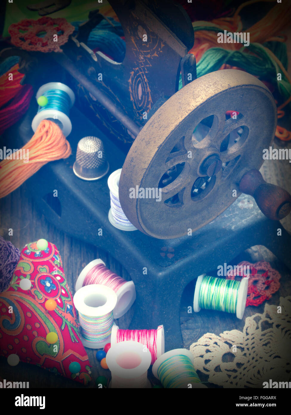 sewing machine with sewing equipment Stock Photo
