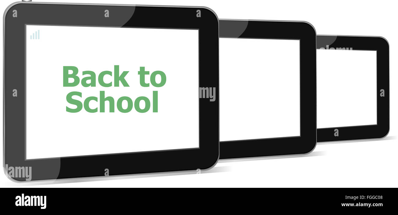 Tablet PC set with dack to school word on it, isolated on white Stock Photo
