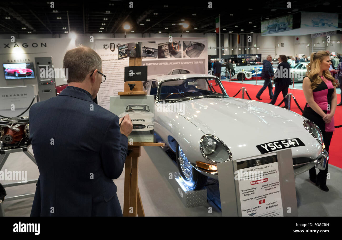 London, UK. 18th Feb, 2016. Jaguar restorer's stand at London Classic car Show ExCeL exhibition centre London UK Credit:  Martyn Goddard/Alamy Live News Stock Photo