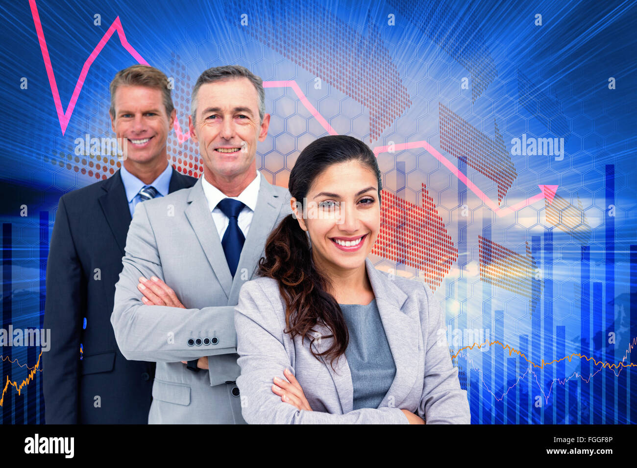 Composite image of happy business team standing in a line Stock Photo ...