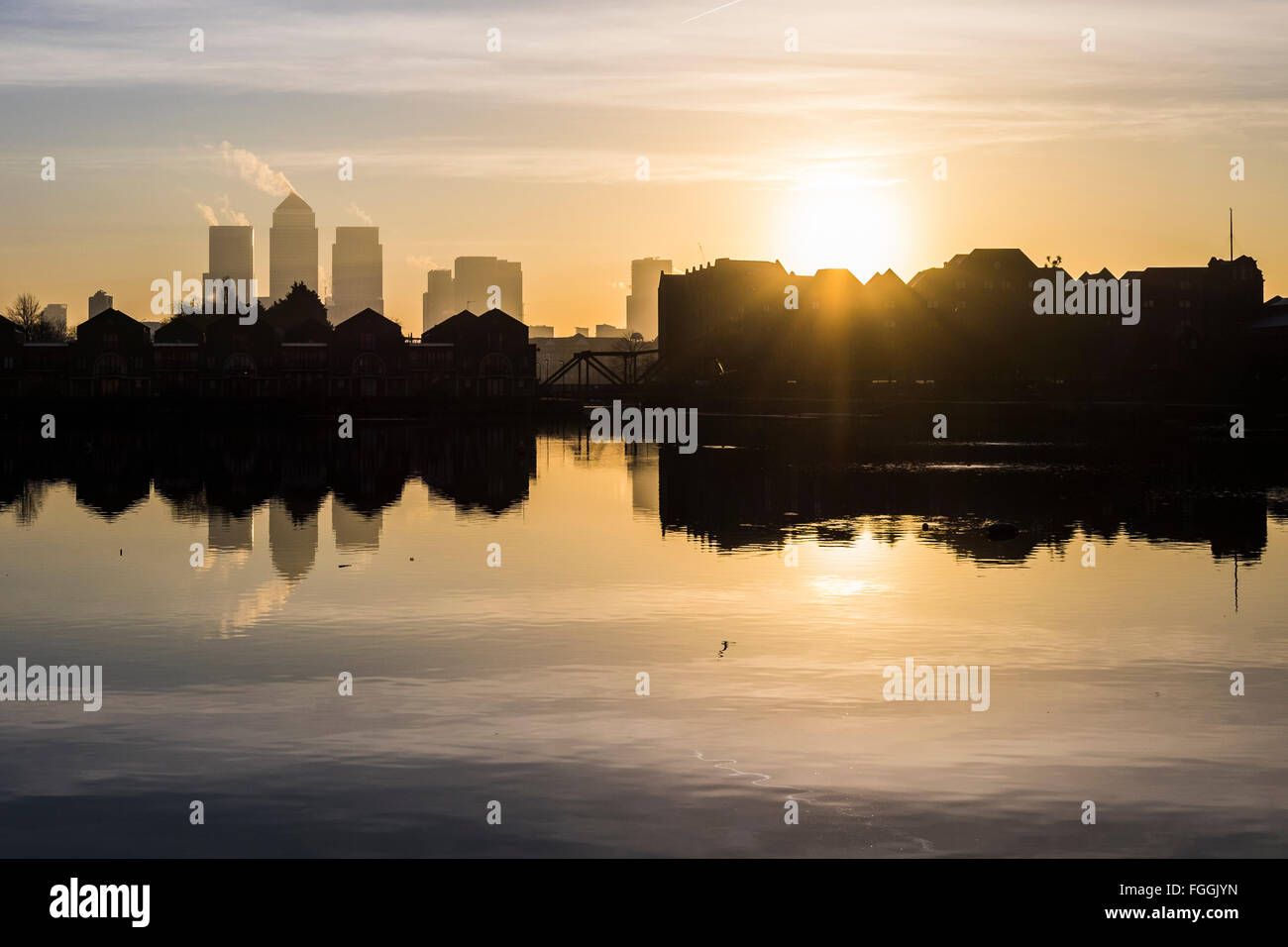 Winter sunrise over Docklands, London, England, U.K. Stock Photo