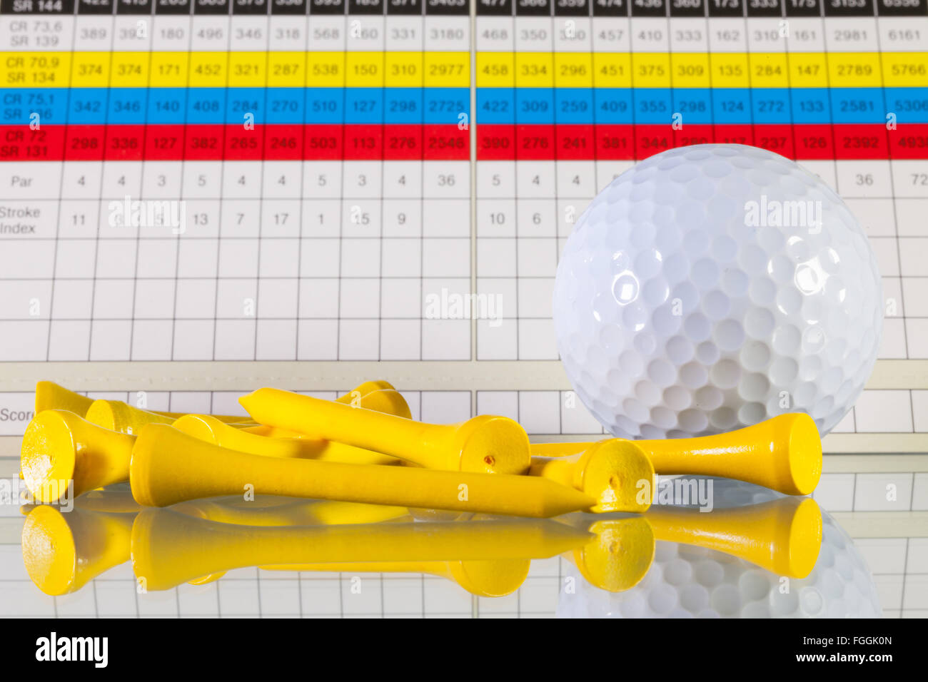 Golf score card and white ball on a glass table Stock Photo
