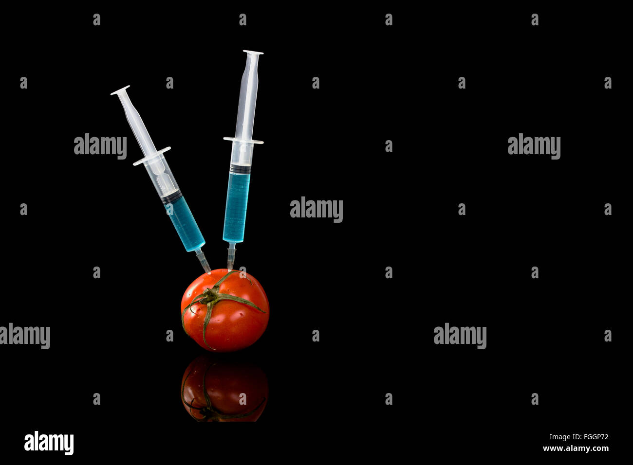 genetically modified vegetables tomato vaccine on black background Stock Photo