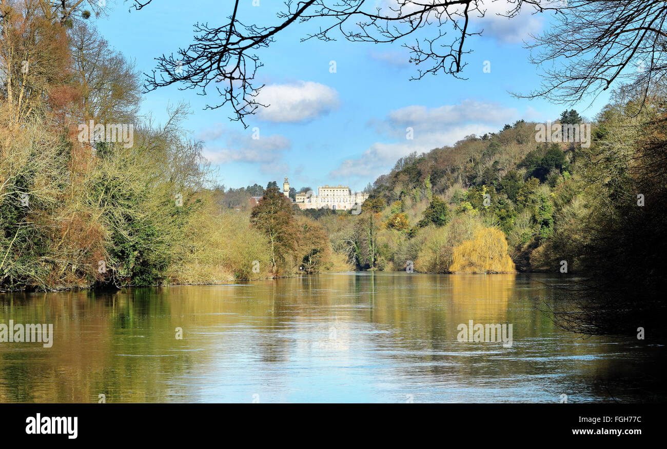 The River Thames in Winter with a Stately Home amidst the trees Stock Photo