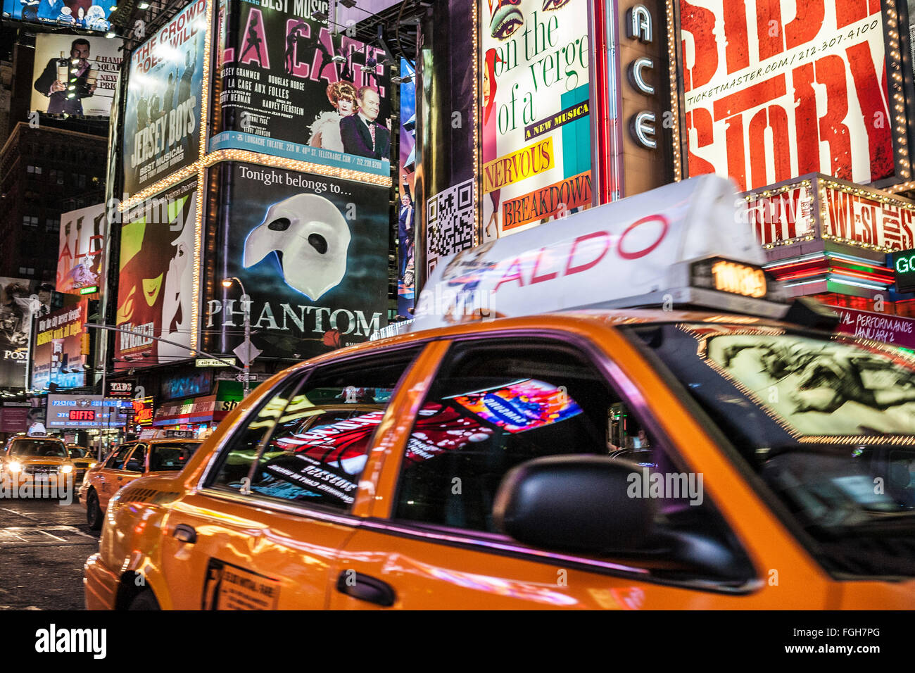 Yellow Taxi in Times Square. Stock Photo