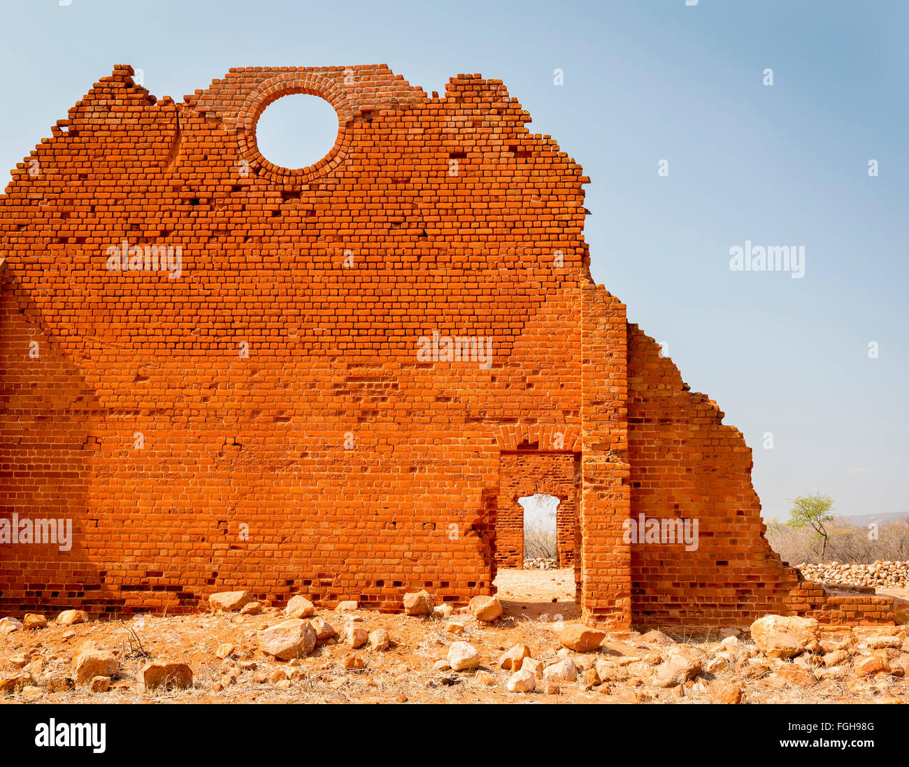 Old Palapye church ruins built from baked earth bricks in rural
