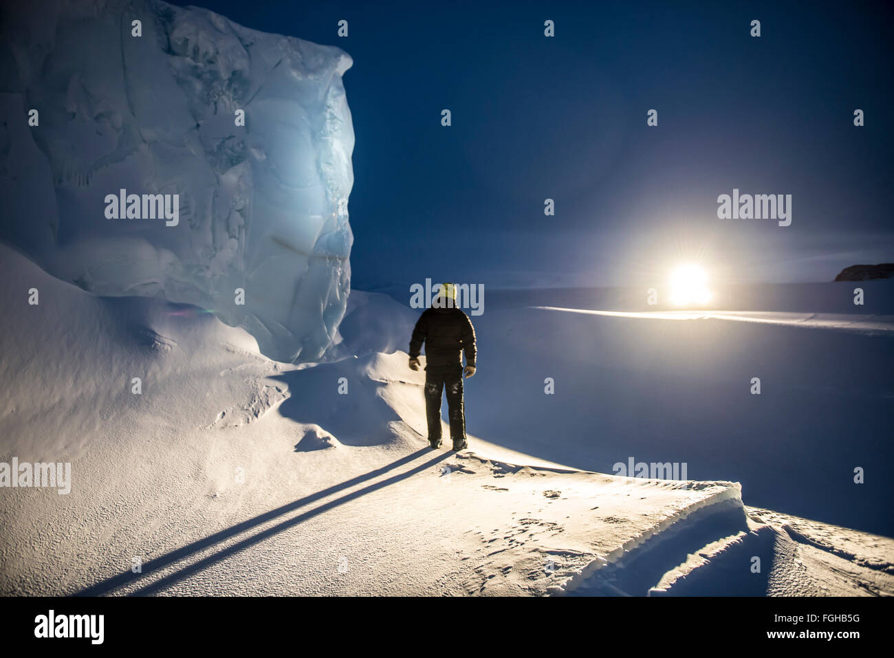 A man in Antarctica in the winter. Stock Photo
