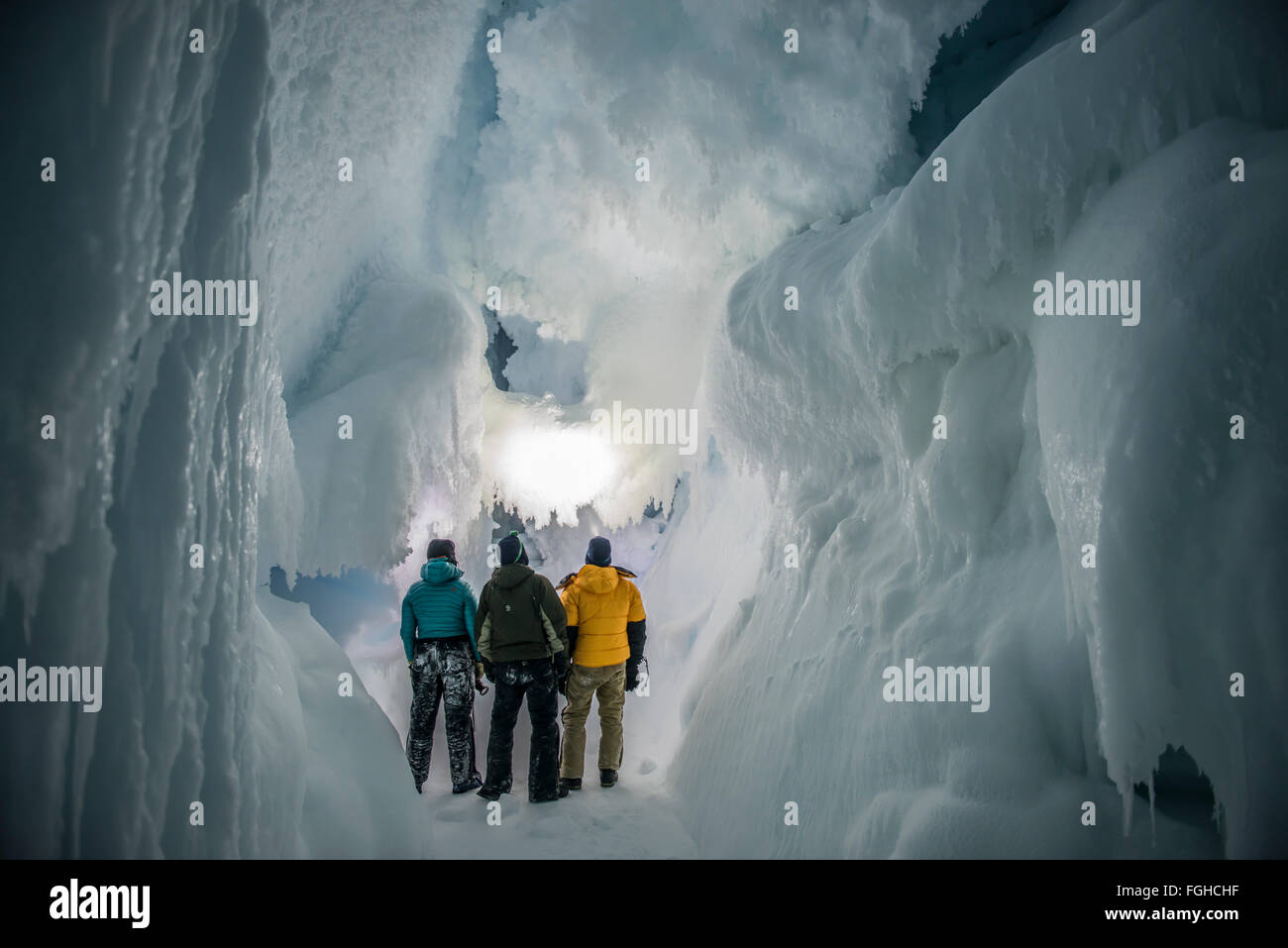 Exploration of an ice cave in Antarctica. Stock Photo