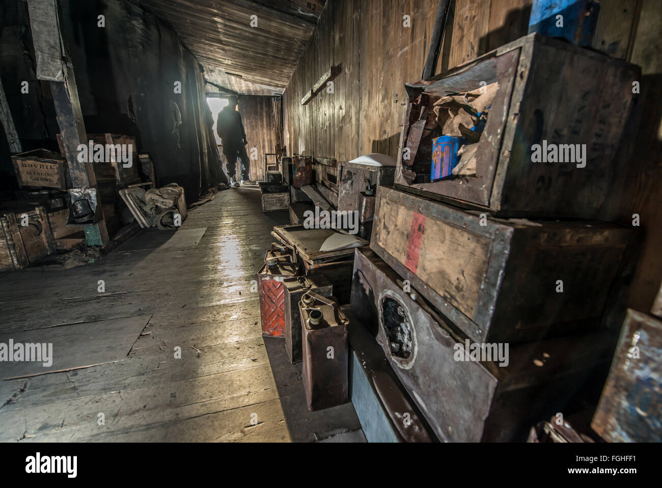 A visitor inside Captain Robert Falcon Scott's Discovery Hut at Hut Point, on Ross Island, Antarctica. Stock Photo