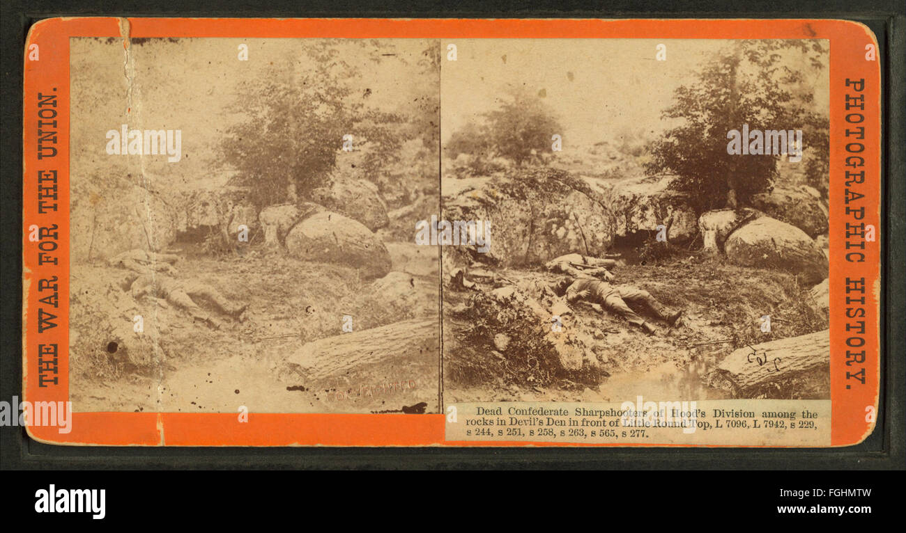 Dead Confederate sharpshooters of Hood's Division among the rocks in