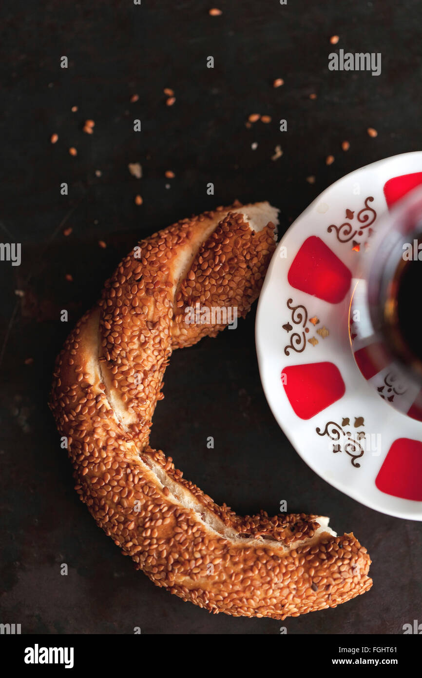 Traditional Turkish tea and simit bread Stock Photo