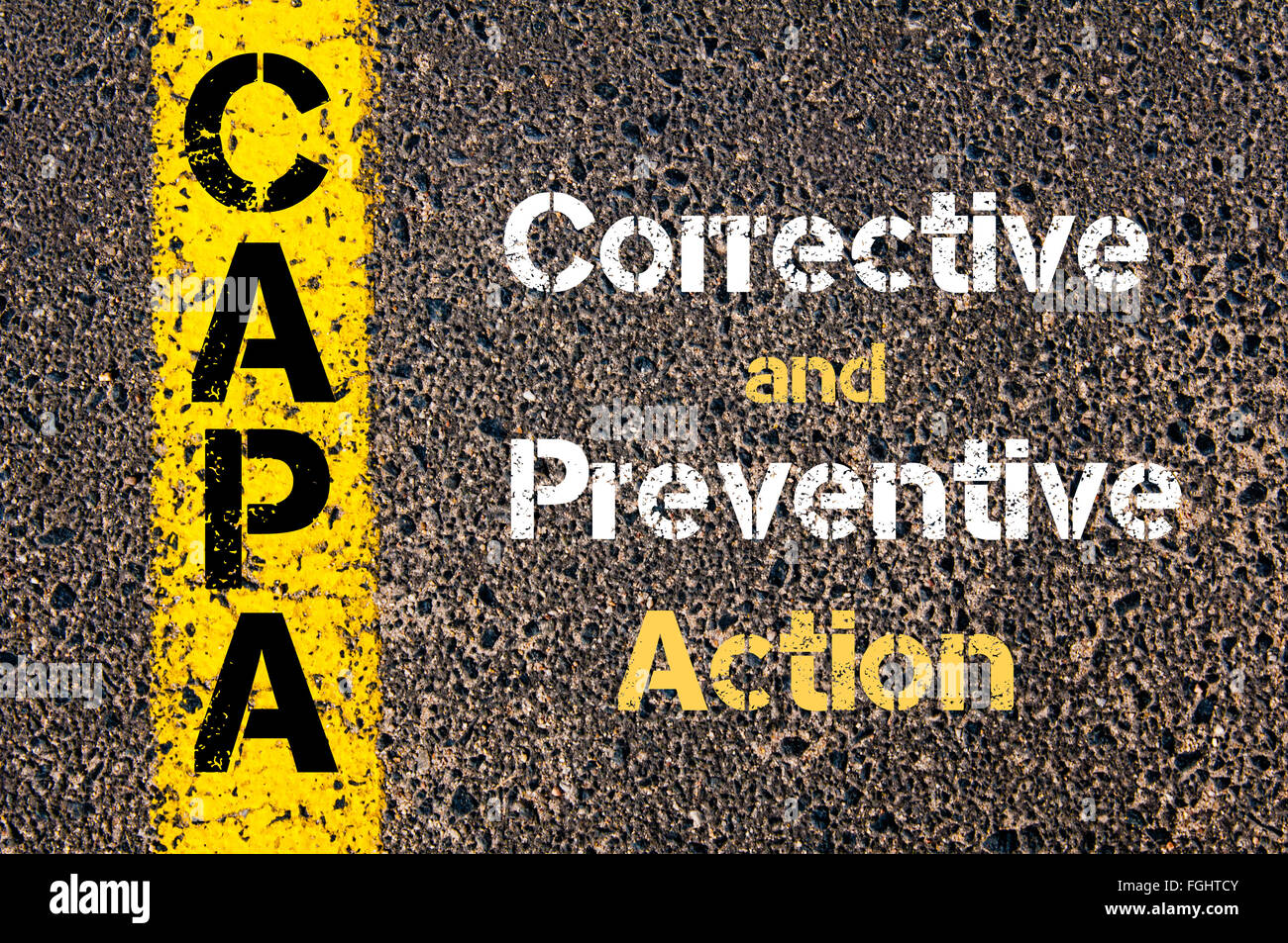 Concept image of Business Acronym CAPA Corrective and Preventive action written over road marking yellow paint line Stock Photo