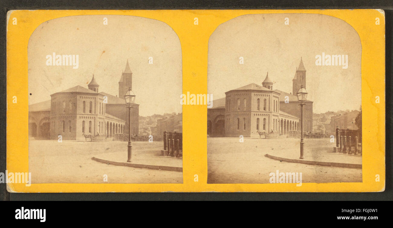 A photograph by Windsor's Photographic House depicting a horse-drawn railroad and depot, showcasing transportation history and early rail systems. Stock Photo