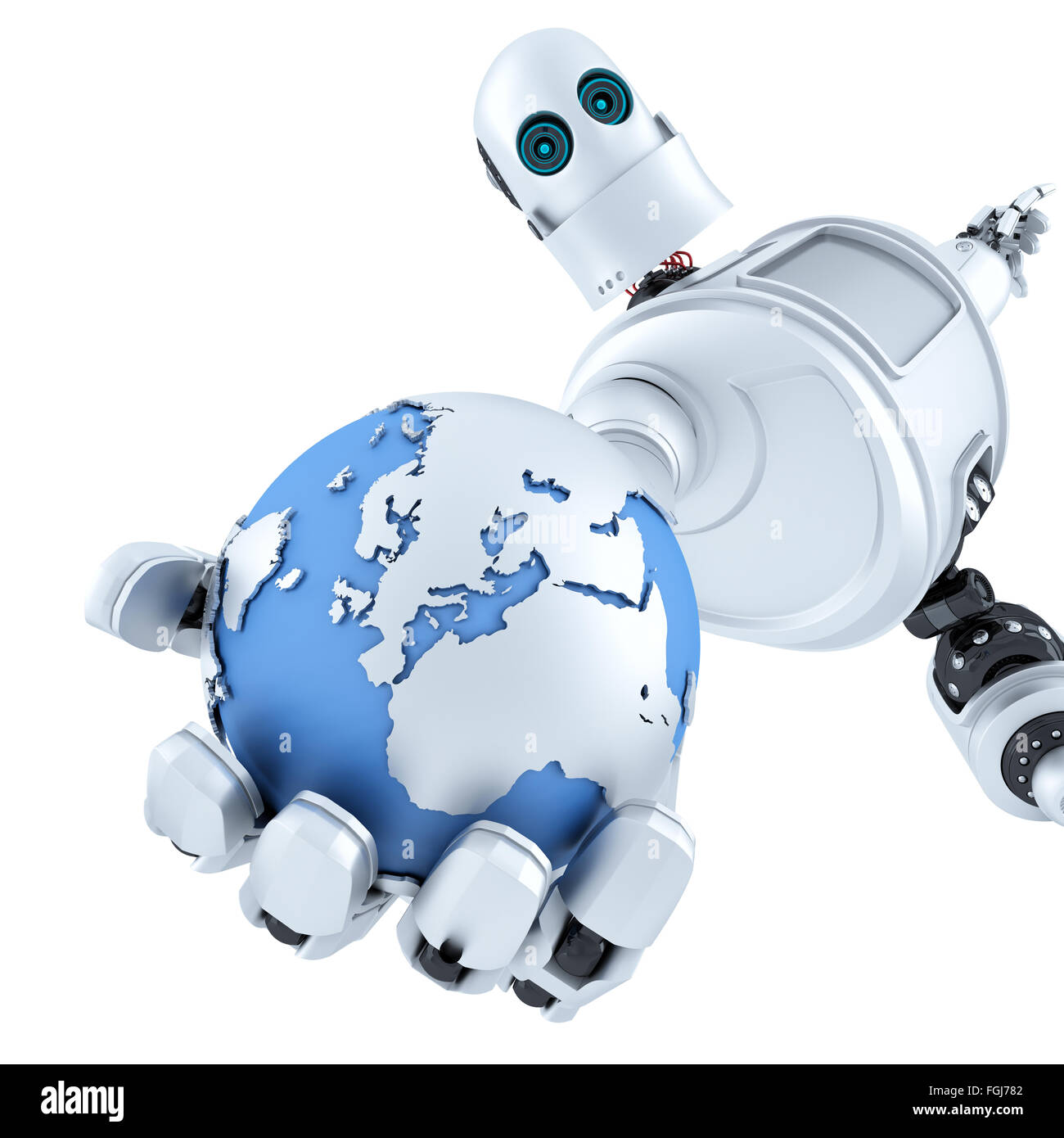 Globe in the hand of the robot. Technology concept. Isolated over white. Contains clipping path Stock Photo