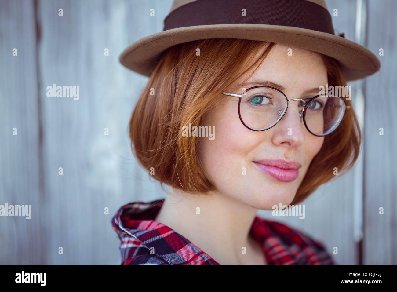 up close portrait of a smiling hipster woman Stock Photo