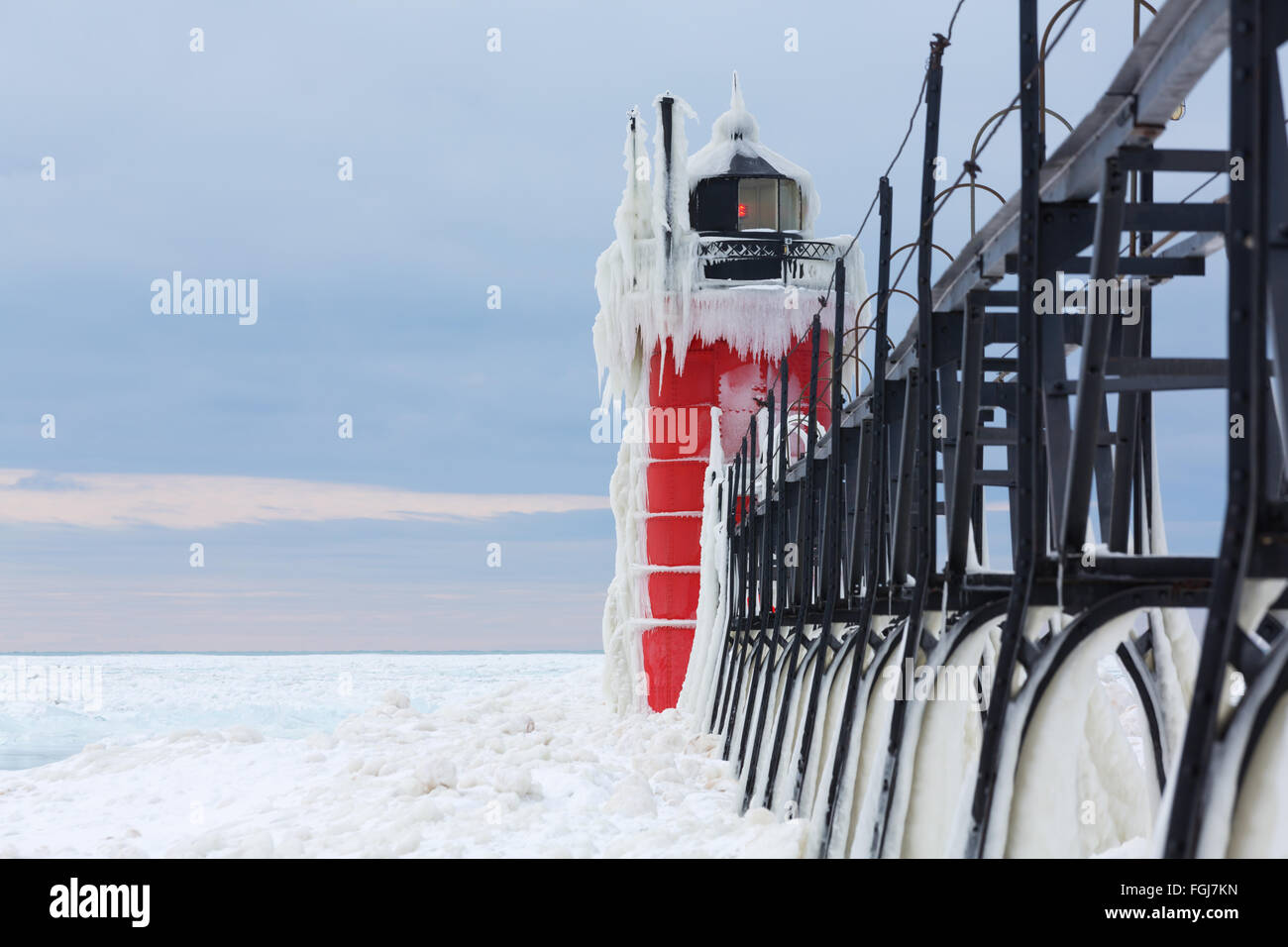 Lake Michigan South Haven Breakwater Light covered in ice Stock Photo