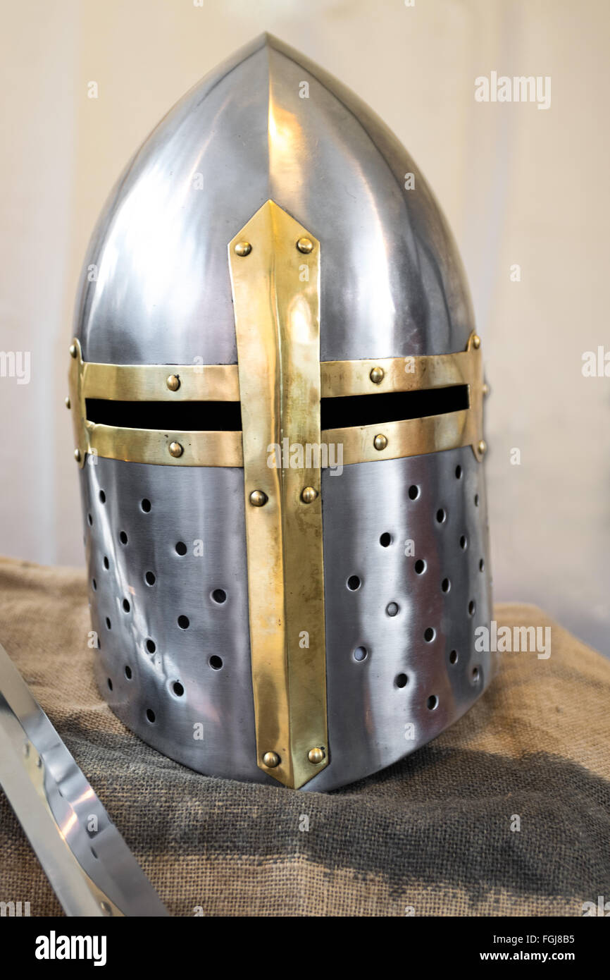 Helmet of a crusader armor equipped with slits. Stock Photo