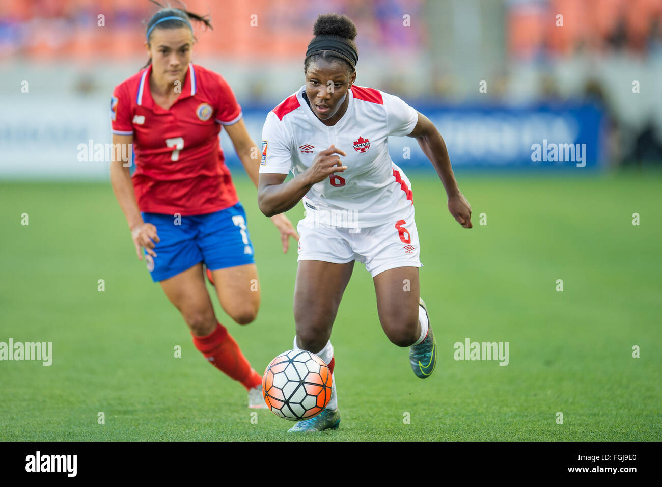 Houston, TX, USA. 19th Feb, 2016. Canada forward Deanne Rose (6) controls the ball in front of Costa Rica forward Melissa Herrera (7) during a semi-final CONCACAF Olympic Qualifying soccer match between Canada and Costa Rica at BBVA Compass Stadium in Houston, TX. Trask Smith/CSM/Alamy Live News Stock Photo