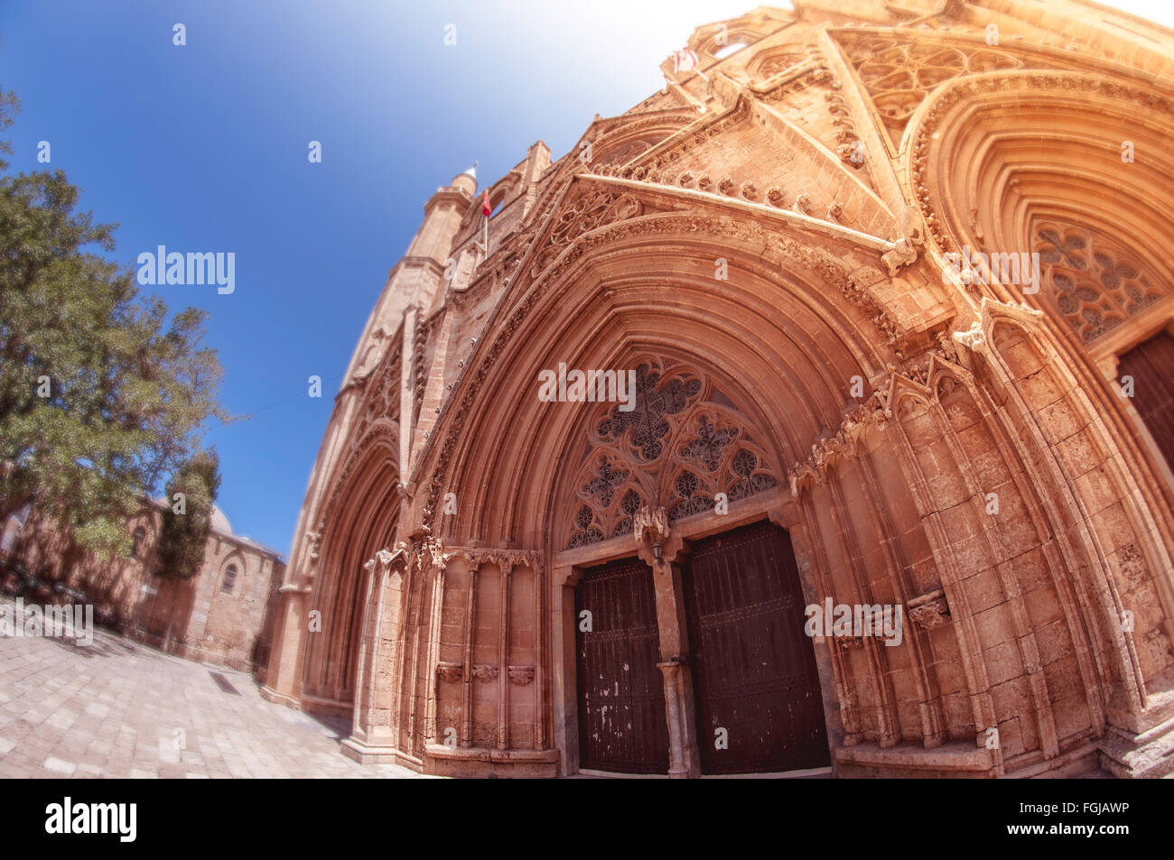 Facade of Lala Mustafa Pasha Mosque (formerly St. Nicholas Cathedral). Famagusta, Cyprus Stock Photo