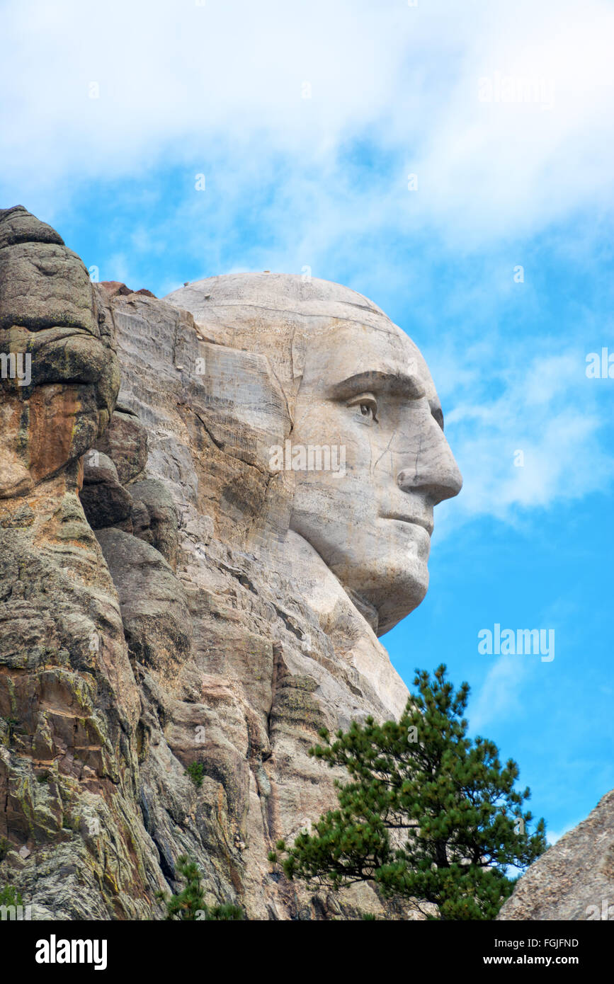 Profile of the face of George Washington in Mount Rushmore National Monument in South Dakota Stock Photo