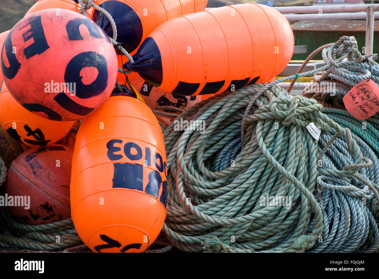 Fishing Buoys on the dock Stock Photo